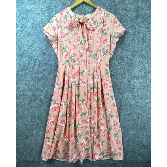 DownEast Dresses & Skirts - Downeast Dress Women Med Peach Floral Neck Tie Feminine Girly Retro Rockabilly